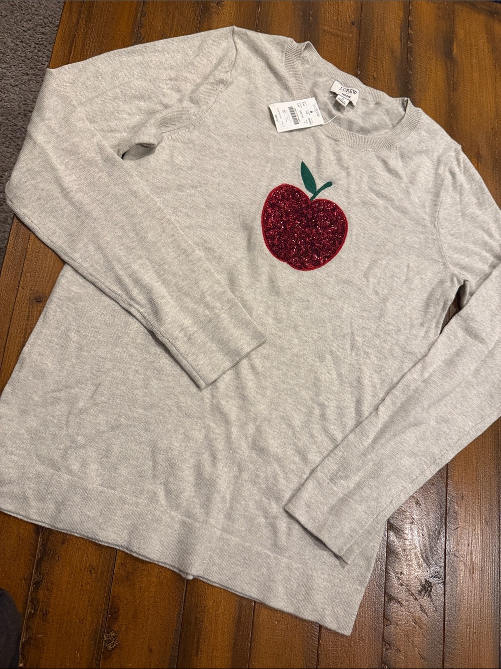 J. Crew Light Gray Crewneck Sweater with Red Sequin Apple
